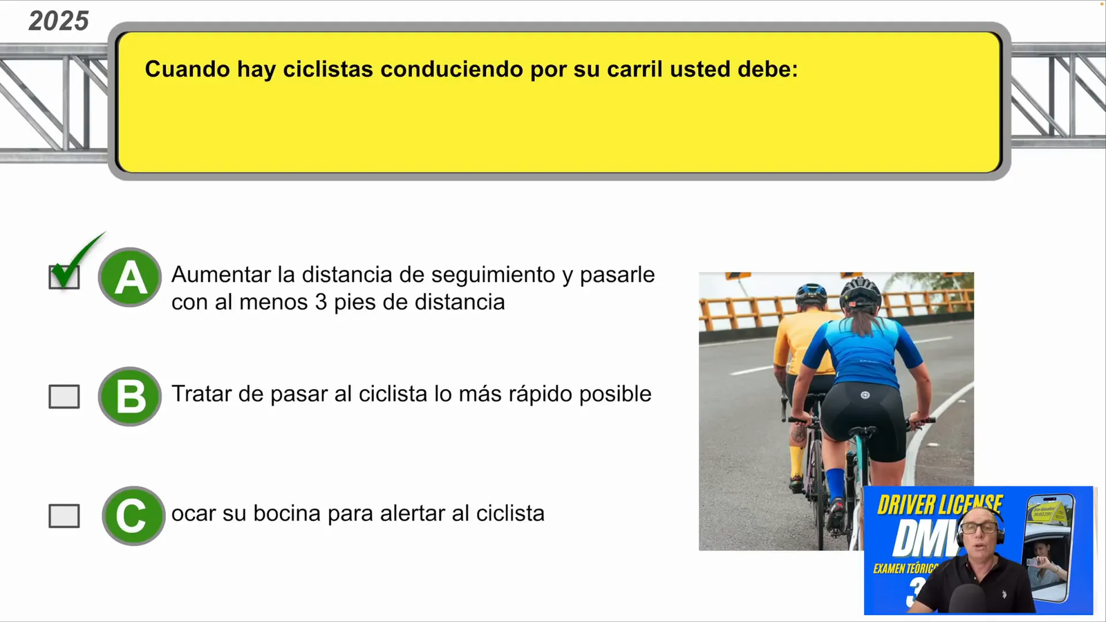 Recomendación: mantener tres pies al rebasar ciclistas