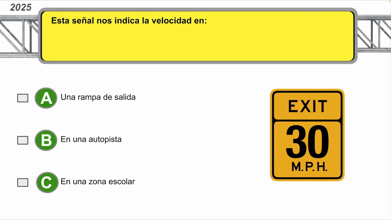 Señal que indica la velocidad máxima recomendada en la rampa de salida de una autopista
