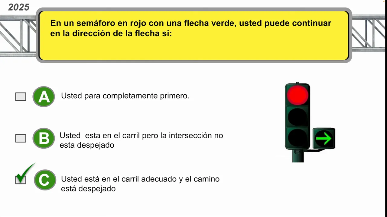 Semáforo con flecha verde y reglas de paso